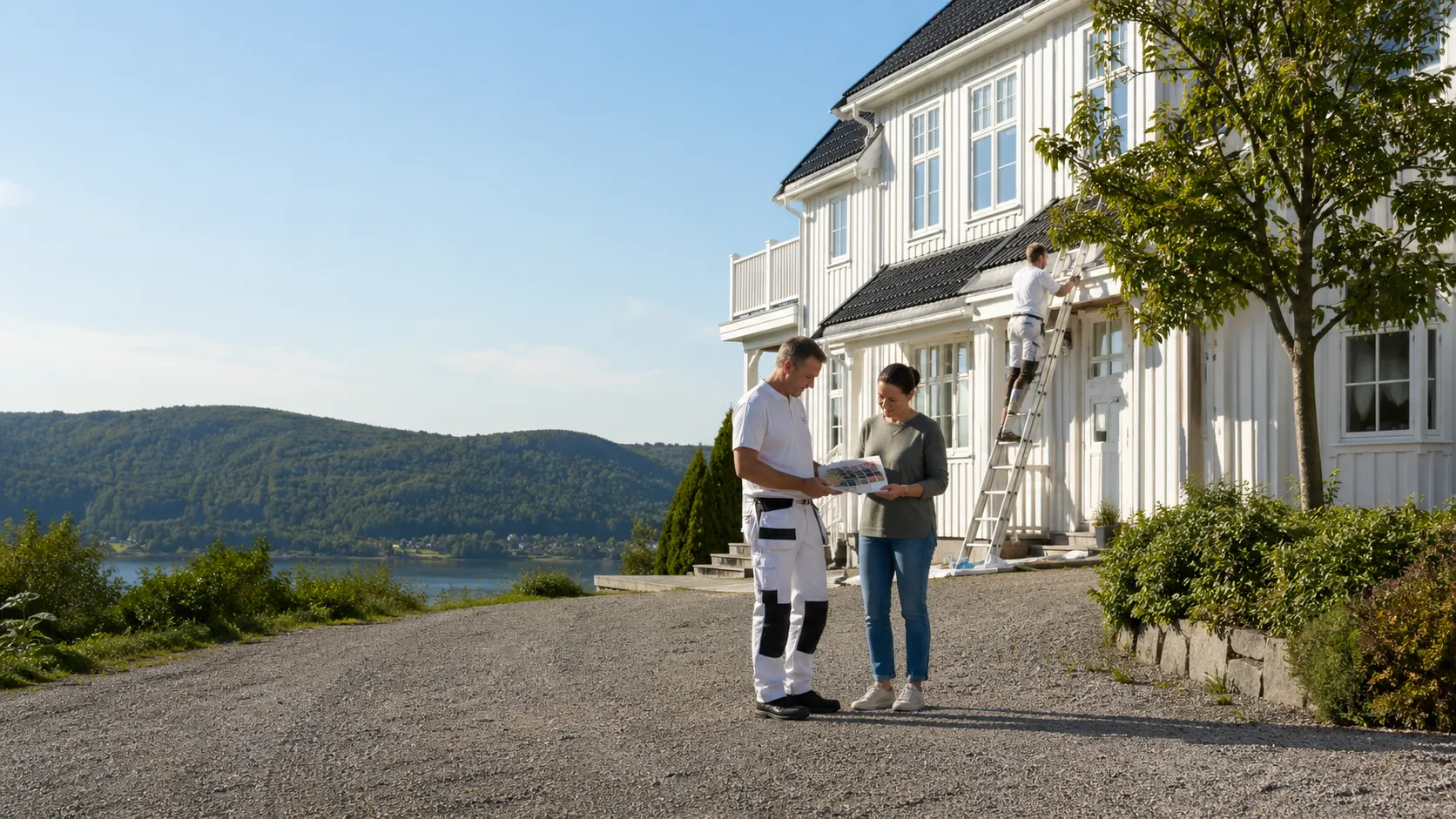 Malermester fra Malermestrene Indre Østland AS i kundebefaring ved enebolig på indre Østland